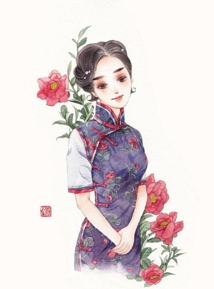 清新水彩旗袍女子插畫，唯美的古風插畫圖集